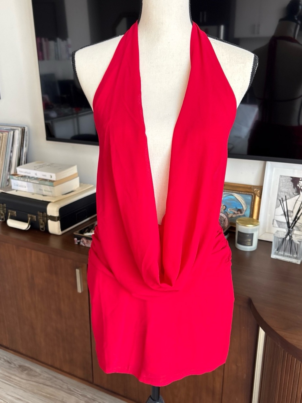Peppermayo Red Plunge Halter Mini Dress